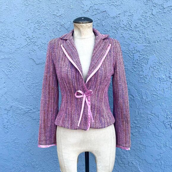Y2k Pink Tweed Blazer from The Limited Size Small Silk Bow Jacket - Picture 1 of 8